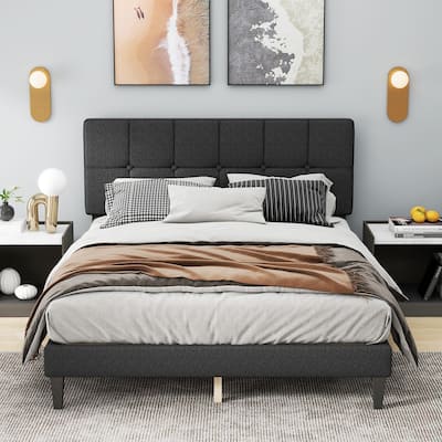 Full Size Platform Bed Frame with Fabric Upholstered Headboard and Wooden Slats Support, No Box Spring Needed/Easy Assembly