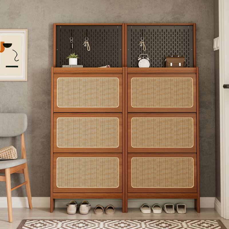 Modern Free Standing Rattan Shoe Cabinet with Flip Drawers and Pegboard Storage, Stylish Shoe Rack for Entryway and Hallway