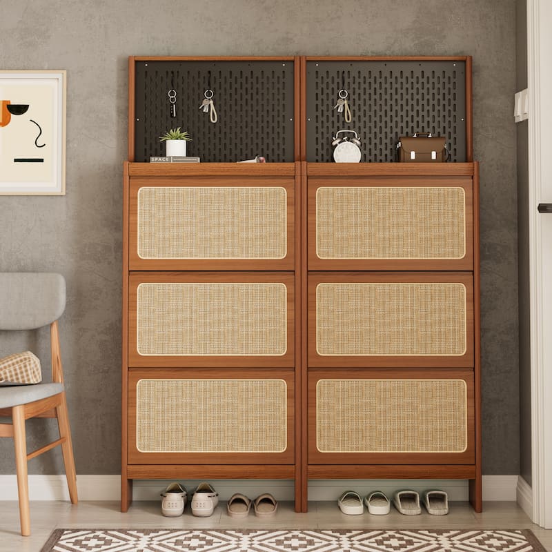 Roomfitters Rattan Shoe Cabinet with 3 Flip Drawers, Entryway Shoe Storage & Pegboard Organizer, Walnut