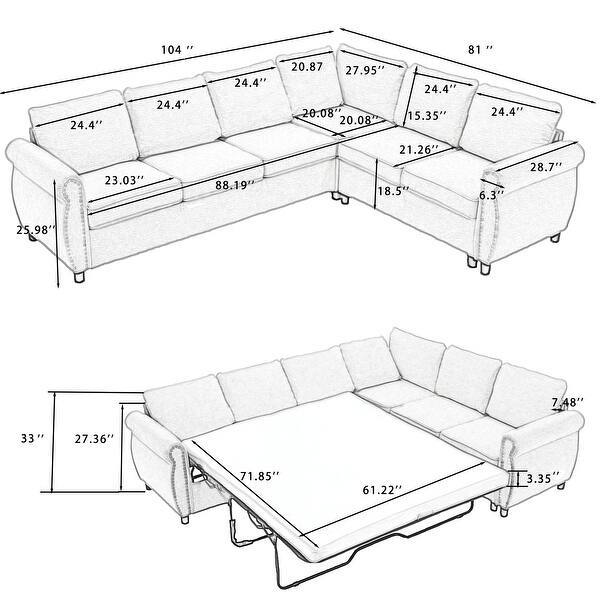 2 in 1 Pull Out 6 Seater L Shaped Sleeper Sectional Sofa Couch - Bed ...