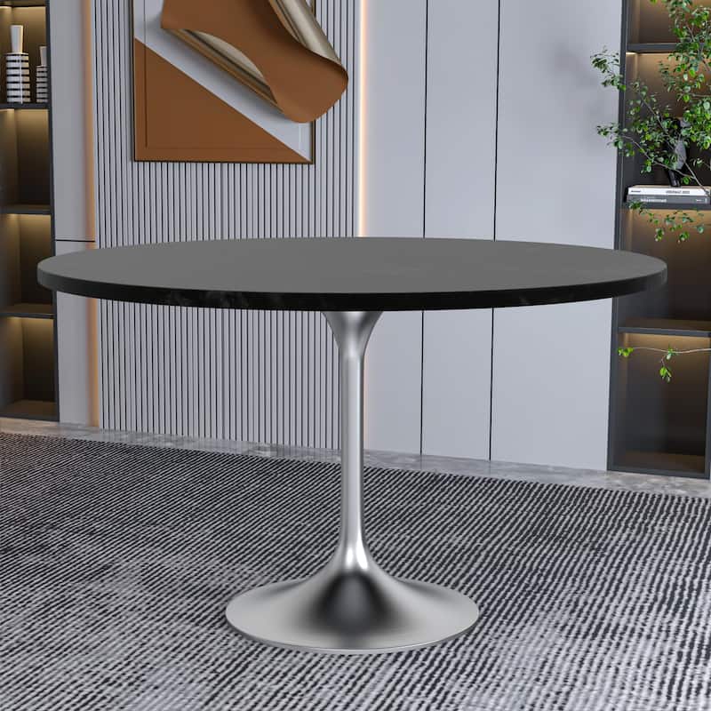 LeisureMod Verve 48" Round Dining Table with MDF Wood TableTop and Brushed Chrome Base for Kitchen & Dining Room