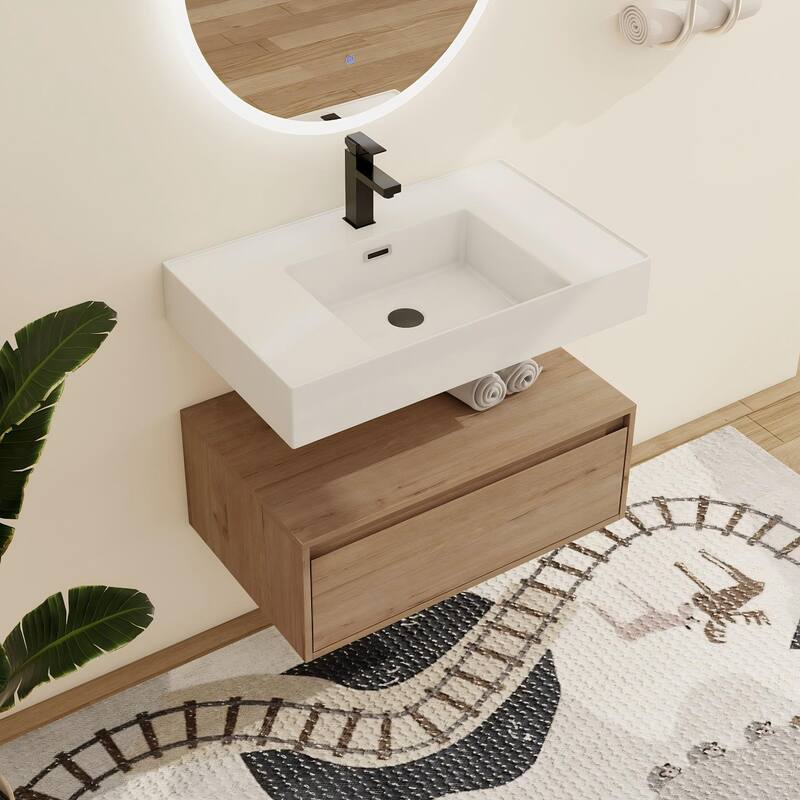 Malwee 30"/60" Floating Bathroom Vanity, Wall Mounted Bathroom Vanity with Single/Double Sink and Soft Close Drawers - 30"×18" - Brown-Middle Sink