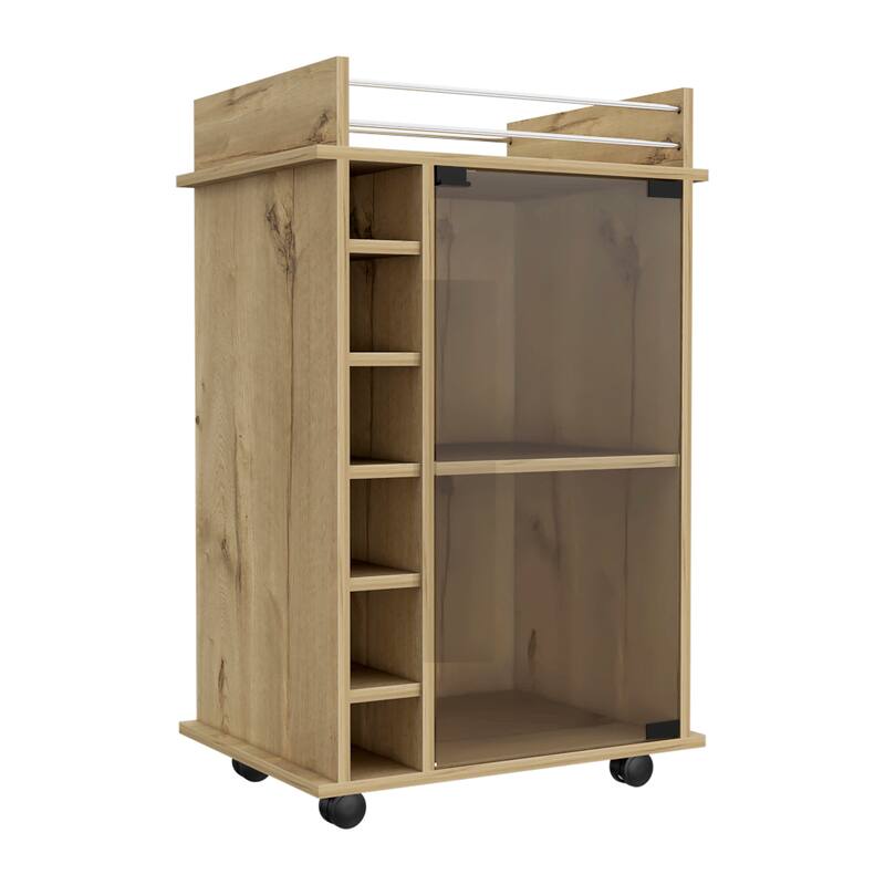 TUHOME Dukat Bar Cart,Two Shelves, Six Built-in Wine Rack and Four Casters - N/A - Light Oak