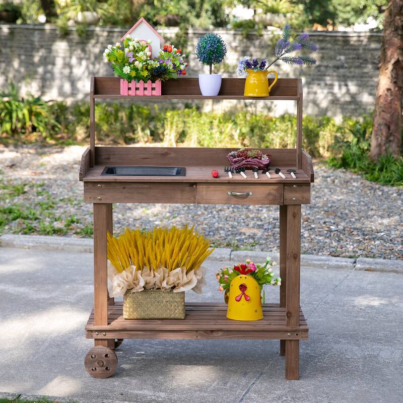 Outsunny 36.25" x 17.75" x 46.75'' Wooden Potting Bench Work Table with 2 Removable Wheels & Large Storage Spaces - Brown