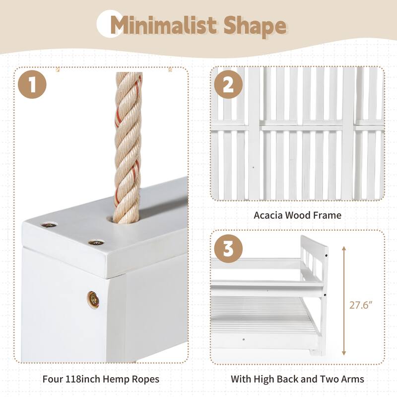 Patio Wooden Twin Size Porch Swing Daybed with 4 Hanging Ropes