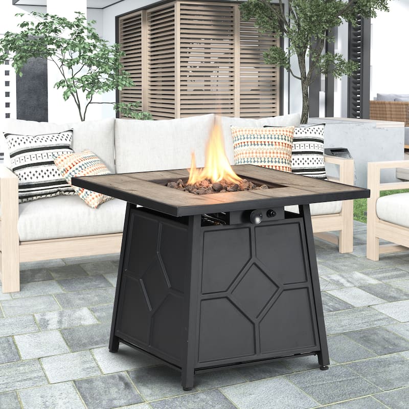 Fire Pit Table, 28-inch Square 40,000 BTU Auto-Ignition Propane Gas Firepit with Waterproof Cover - N/A