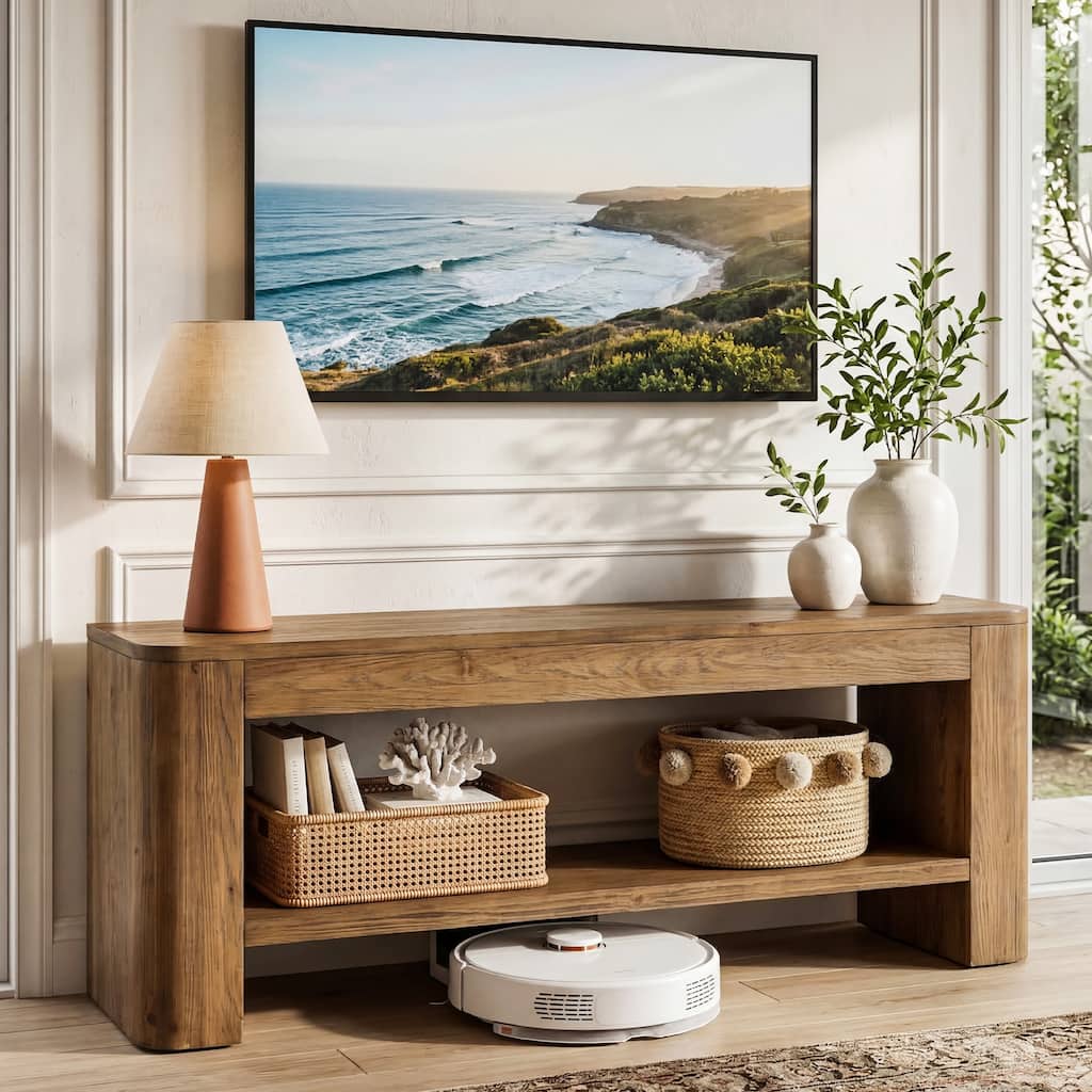 59" Solid Wood TV Stand for 55/65-Inch TVs, Entertainment Center, Low Media Console