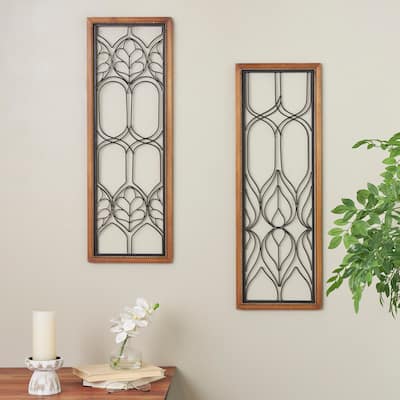 Black Metal Wire Cutout Geometric Home Wall Decor with Beaded Accents and Brown Wood Frames (Set of 2)