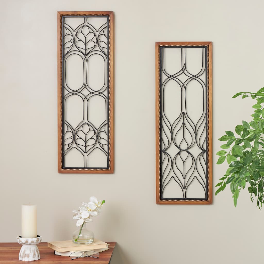 Black Metal Wire Cutout Geometric Home Wall Decor with Beaded Accents and Brown Wood Frames (Set of 2)