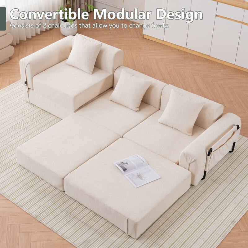 Folding Recliner Sofa 3-seater Straight Row Sectional Sofa Convertible Sleeper Sofa Bed, Fold Out Floor Couch Modular Sofa - Beige