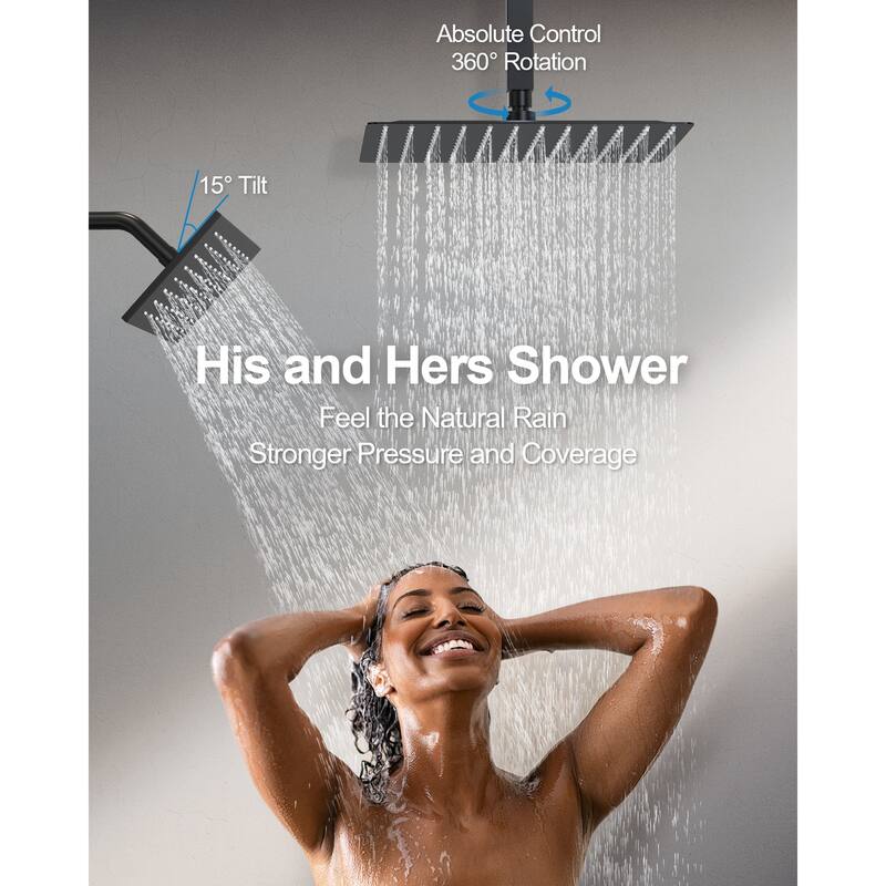 GRANDJOY Dual Shower Heads 16" Rainfall Shower System with 2-Handle Bathroom Sink Faucet Combo Set