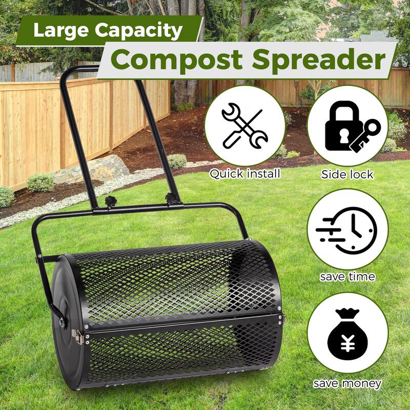 24 Inch Heavy-Duty Black Compost Spreader with Steel Basket for Lawn Garden and Topdressing - (27.8 x 15.7 x 49.2) in