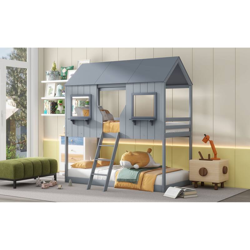 Twin Over Twin Size Bunk Platform Bed Frame with Roof and Window, Fun Playhouse Design with Guardrails, Bedroom Furniture