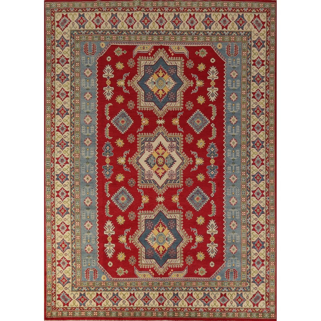 Hand Knotted Oriental 100% Wool Carpet Traditional Geometric Red Kazak Area Rug - 10' 2'' X 8' 0''