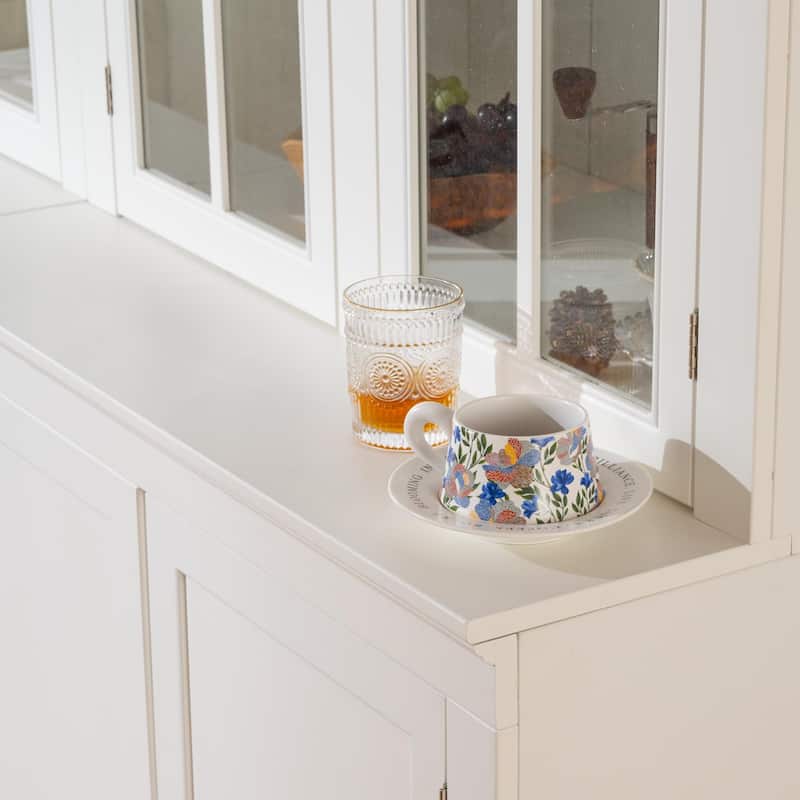Roomfitters 75.25'' Pantry Cabinet Set with Glass Doors, Farmhouse Display Hutch Wall Storage Cabinet for Kitchen, White