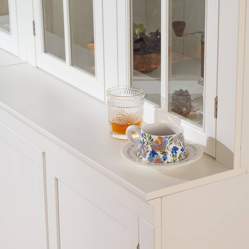 Set of Two 75.25"Tall Double Glass Doors Pantry, Traditional Style Hutch Cabinet for Hallways Living Room, Kitchen, Study