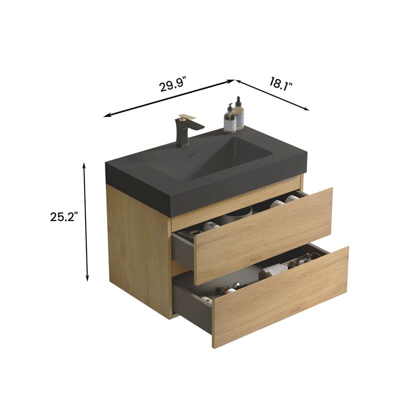 GDFStudio - Naomi Modern Floating Bathroom Vanity with Soft-Close Drawers and Pre-Assembled One-Piece Sink Basin