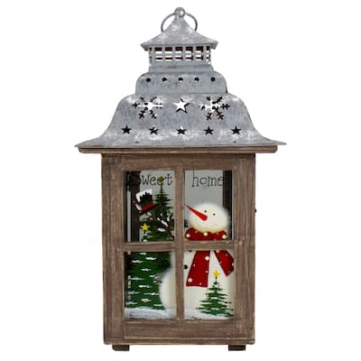 16.5" Rustic Wooden Snowman Holiday Scene Christmas Pillar Candle Lantern