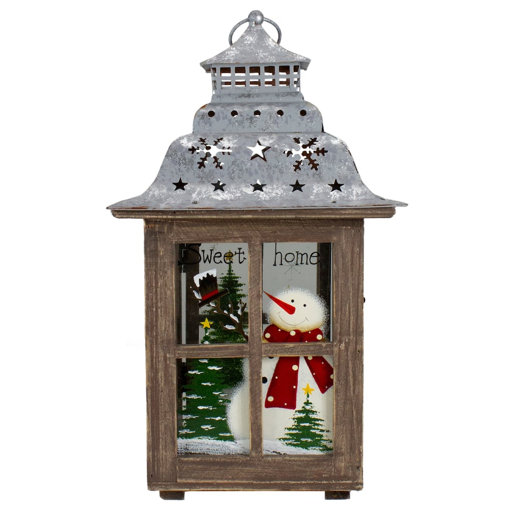 16.5" Rustic Wooden Snowman Holiday Scene Pillar Candle Lantern