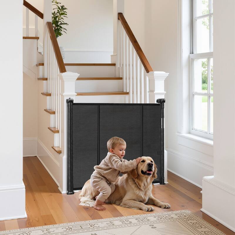 Retractable Baby Gate with Secure Mesh Design and One-Handed Operate Adjustable for Various Spaces