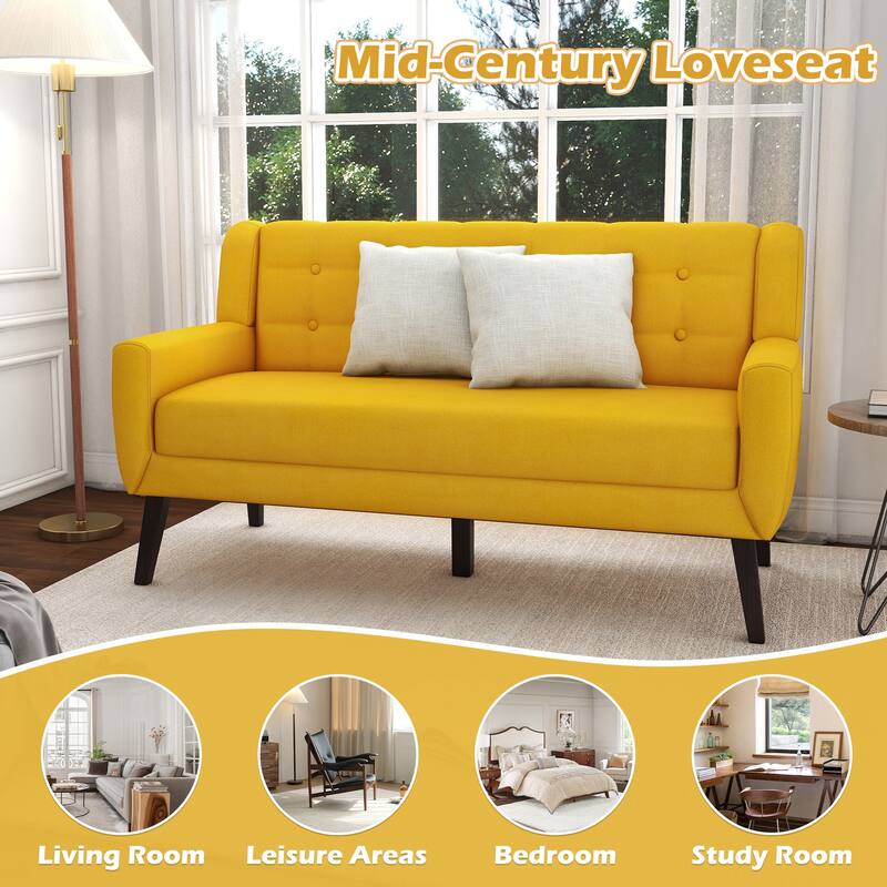 Mid-Century 63-Inch Linen Tufted Loveseat Sofa with Pillows