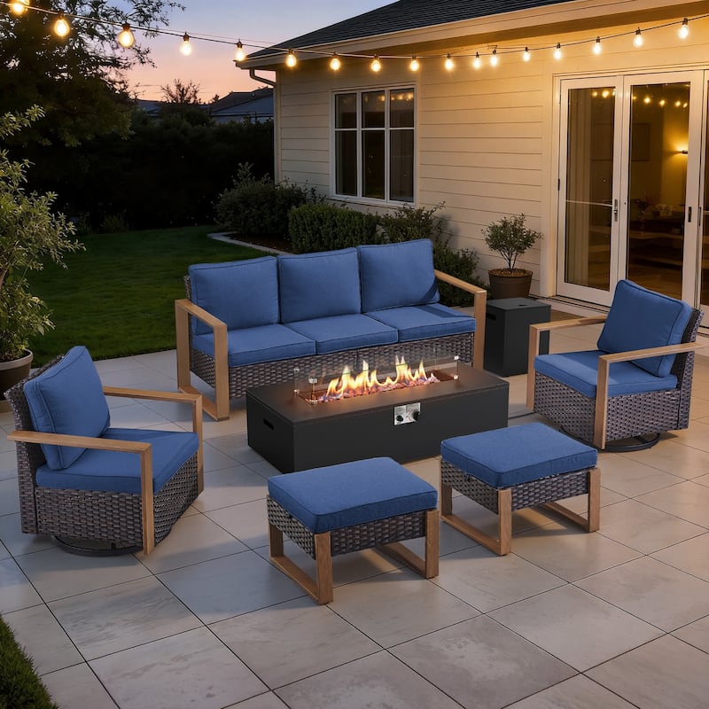 Meyreso Wicker Outdoor Patio Fire Pit Set with Swivel Gliders & 4.5-Inch Olefin Cushions - Brown / Navy Cushions - 6-Piece