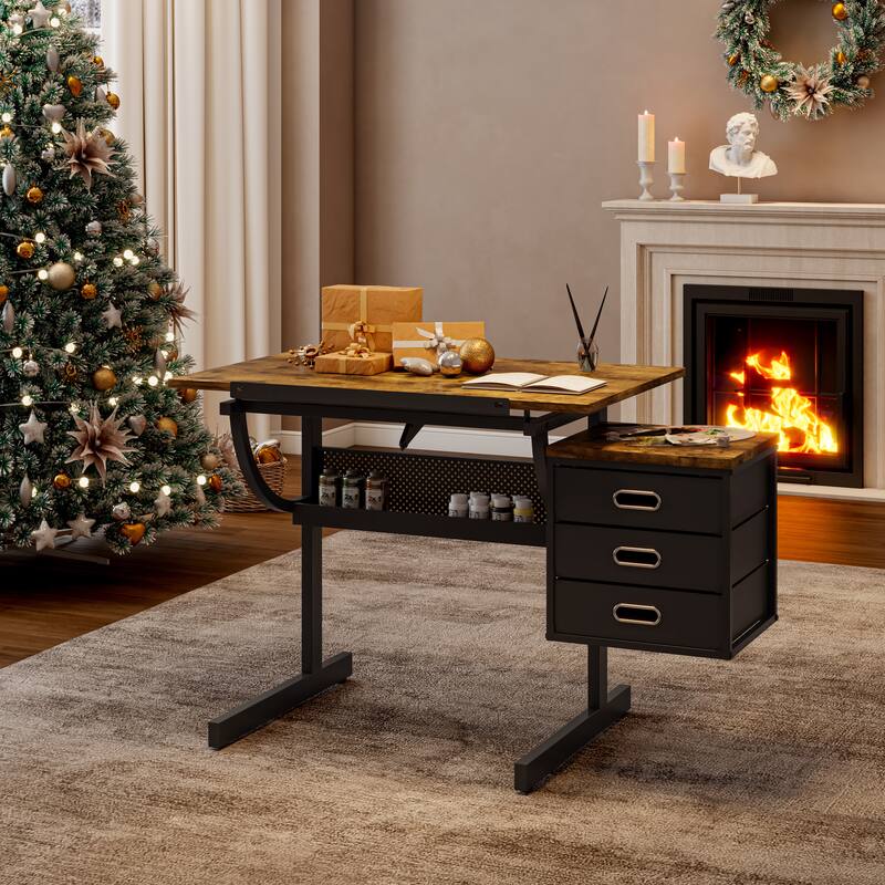 Black drafting drawing table with stool and 3 drawers