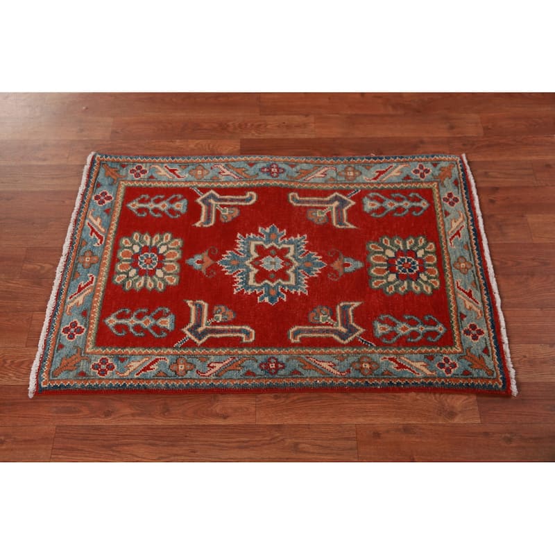 Red Geometric Kazak Rug Handmade Accent Wool Carpet - 2'0"x 3'0"