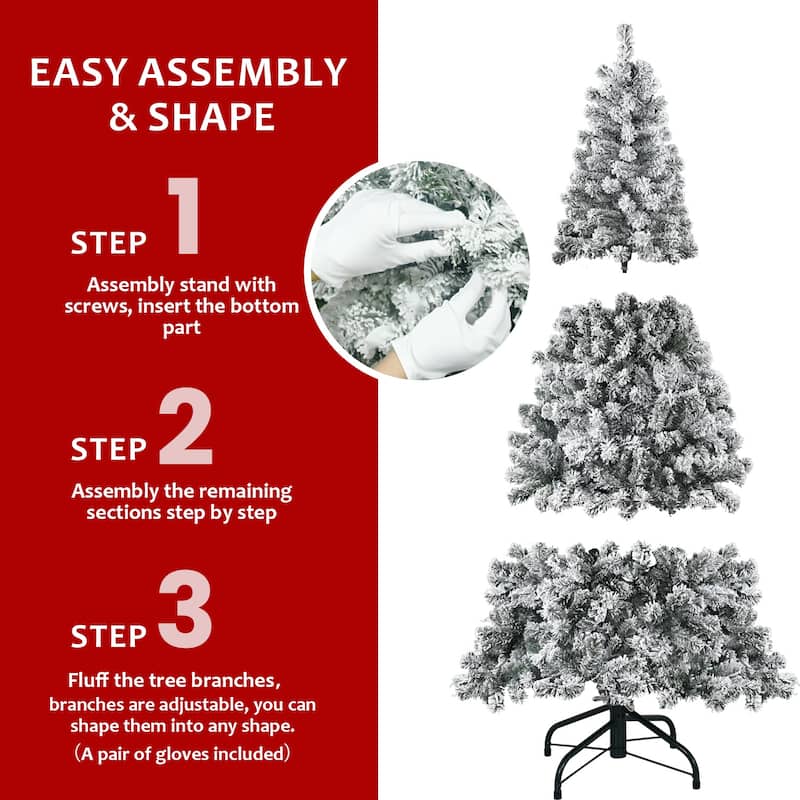 6FT Flocked Christmas Tree - Artificial Snowy Holiday Tree with 678 Tips, Full Shape PVC, Sturdy Metal Stand