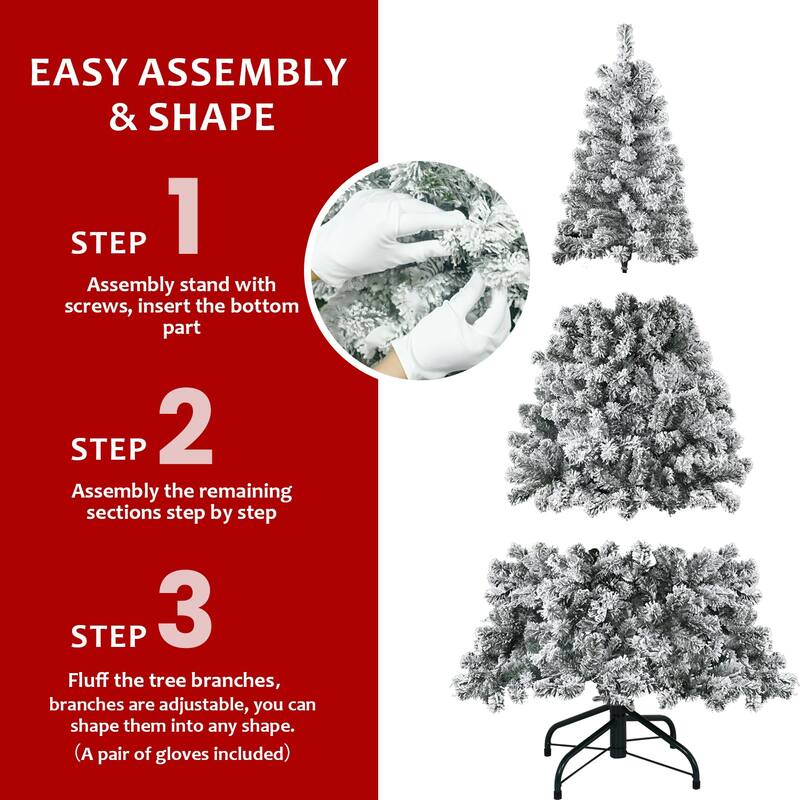 Anmytek 5FT Flocked Christmas Tree - 407 Branch Tips Artificial Snowy Tree with Metal Stand
