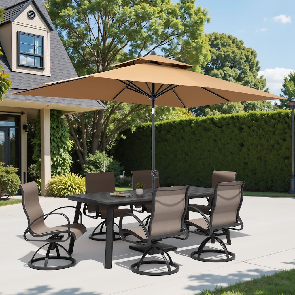 9-Piece Set Outdoor Aluminum Dining Table and Swivel Sunbrella Dining Chairs with Market Umbrella and Base