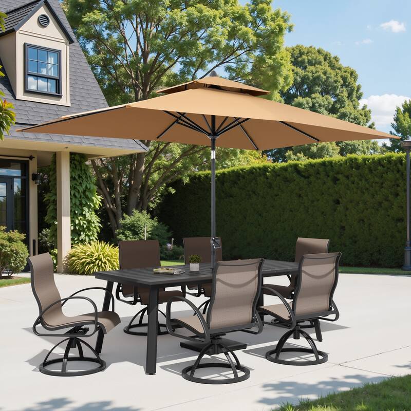 9-Piece Set Outdoor Aluminum Dining Table and Swivel Sunbrella Dining Chairs with Market Umbrella and Base - Augustine Ashe
