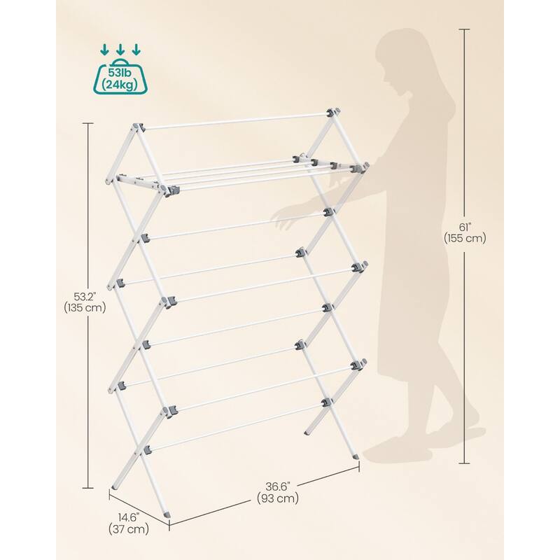Pearl White Steel Foldable Clothes Drying Rack with 12 Rods for Indoor or Outdoor Use - 14.6"D x 36.6"W x 53.2"H