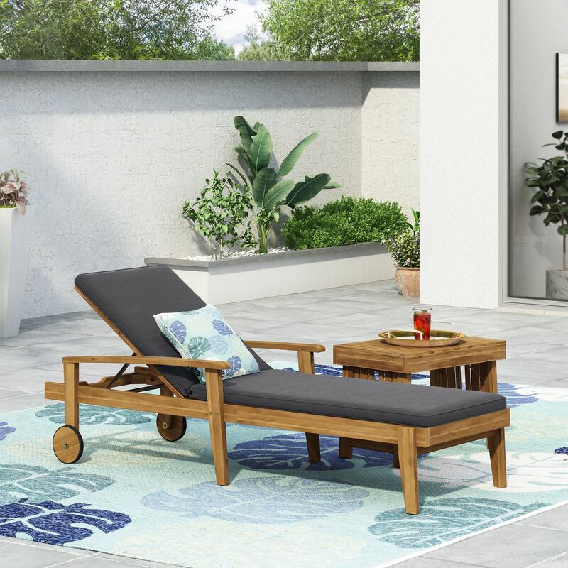 Outdoor Wood Chaise Lounge Single Chair with Wheels, Adjustable Backrest Recliner Sun Lounger for Pool Poolside Backyard