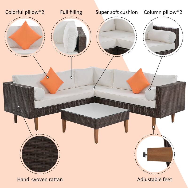 4pieces Outdoor Furniture Set, Patio Garden Lshape Sofa Set with