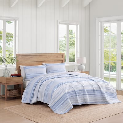 Tommy Hilfiger Bold Stripe Textured Cotton Reversible Blue Quilt Set