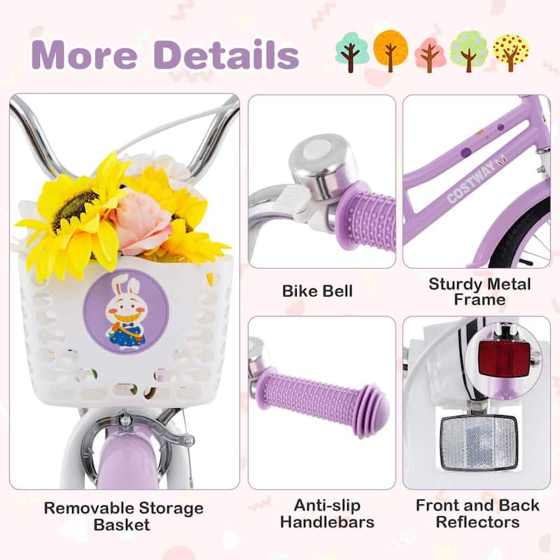 Costway Girl Bike with Basket Detachable Training Wheels Adjustable - See Details