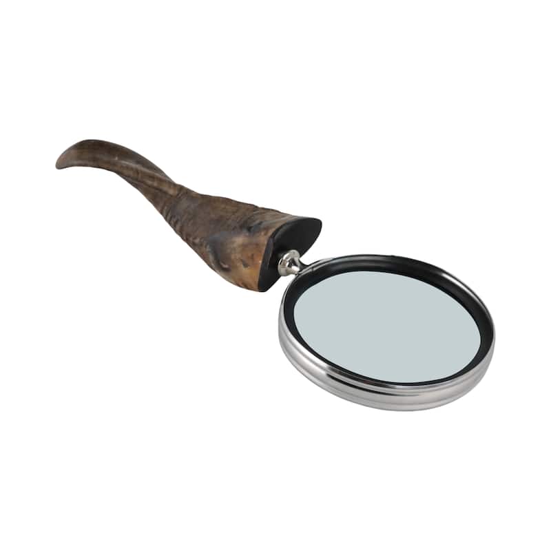 Glass Buffalo Horn Magnifying Glass Handcrafted Display - 2" Brown - 12" x 5" x 2"