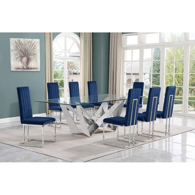 Best Quality Furniture D402/3-SC340-7 Dining Set with 94" 15mm Glass with Bevel - Navy Blue / Silver - 9-Piece