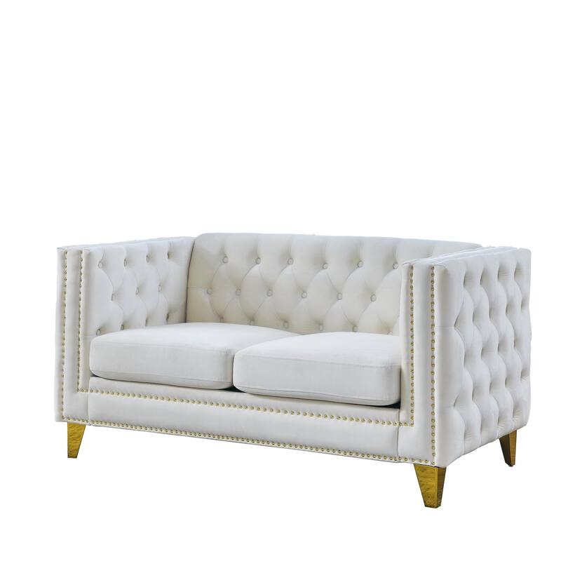 Modern 2-Seat Velvet Sofa with Nailhead Trim, Button Tufting, and Metal Legs