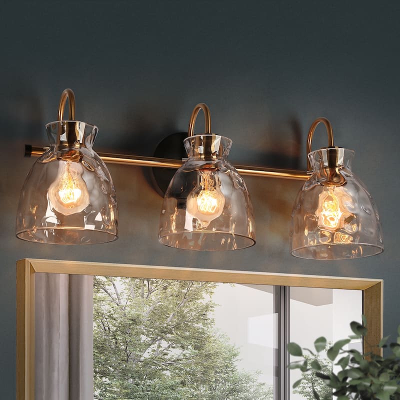 Elisie Modern Glam 3-light Bathroom Vanity Light Black Gold Sconce with Water Glass - L23" x W7.5" x H9"