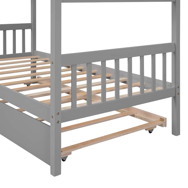 Wooden House Bed with Twin Size Trundle