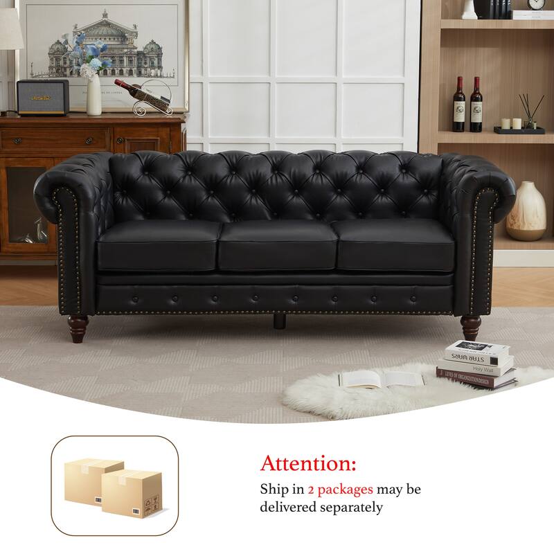 Vintage PU Button-Tufted Sofa Couch, Flared Arms, Rubberwood Legs & Nailhead Trim
