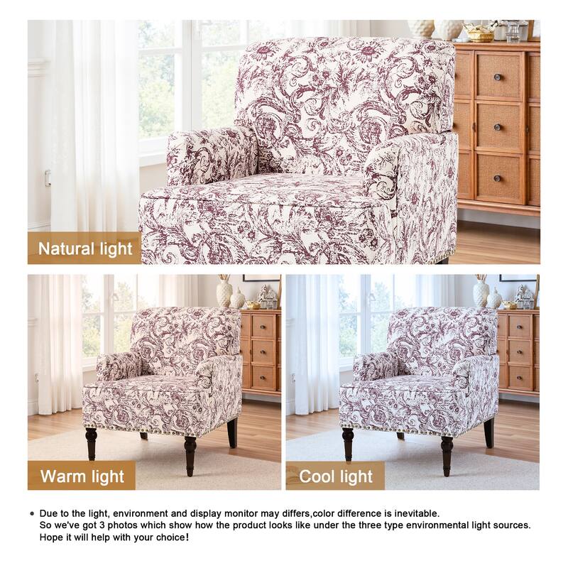 Striped Upholstered Linen Armchair with Brass Nailhead Trim