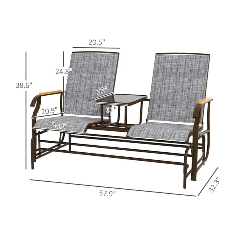 Outdoor Patio Loveseat Glider Chair with Tempered Glass Table and Breathable Mesh Seating for 2 Person