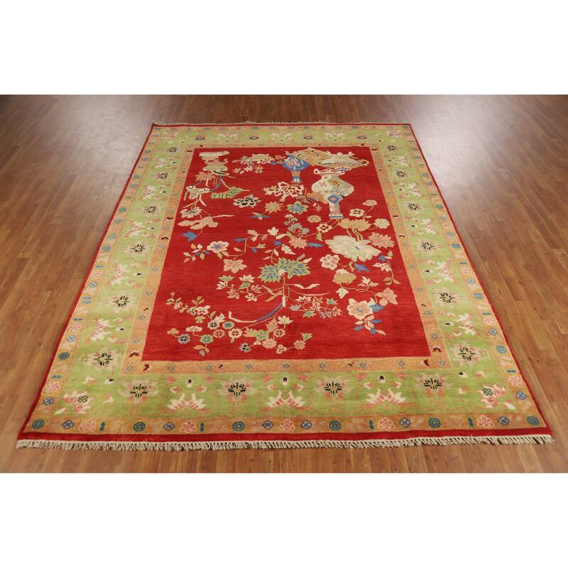 Red Pictorial Floral Heriz Serapi Indian Rug Hand-Knotted Wool Carpet - 7'11" x 10'0"