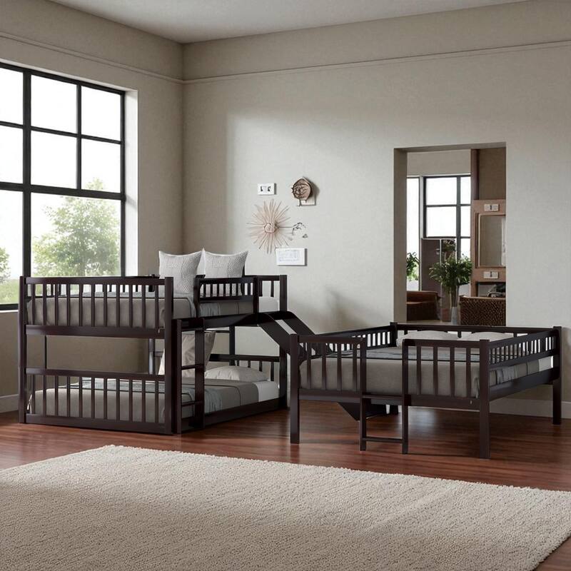 Full Triple Bunk Bed with Slide, Built-in Ladders & Guardrails, Solid Wood, Converts to 3 Full Beds, Space-Saving