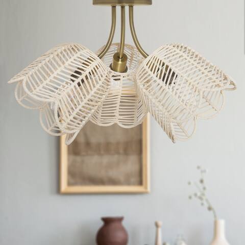 Echo River of Goods Gold and White Rattan and Metal Trio-Shade 18-Inch Ceiling Light - 18" x 18" x 11.5"