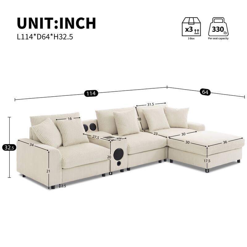 Modular Corduroy Sectional Sofa with Bluetooth Speakers, Charging Ports, Cup Holders, Storage and Ottoman for Living Room