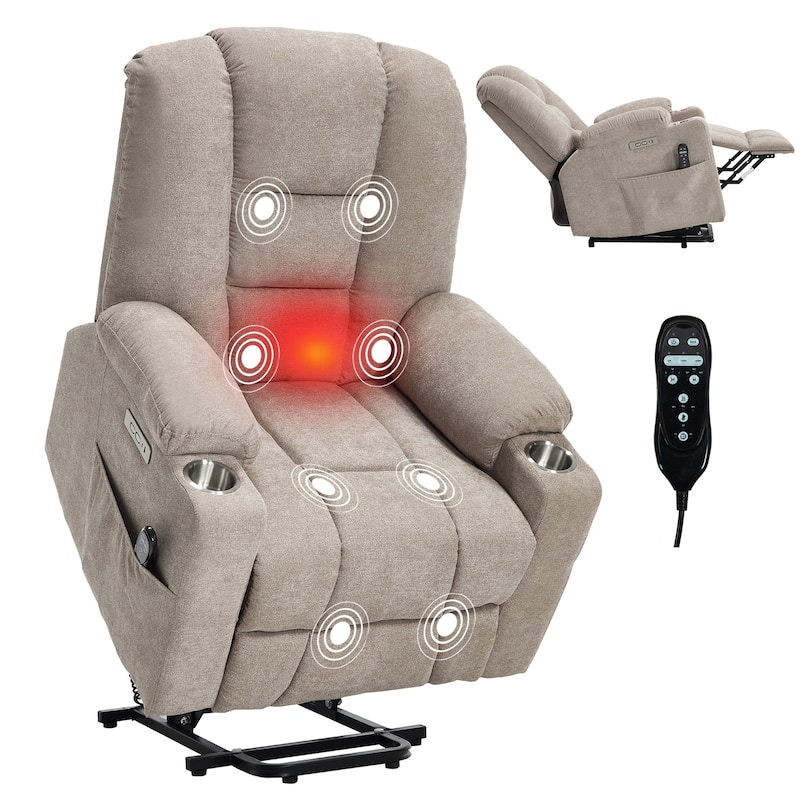 Power Lift Recliner Chair with Massage & Heat, Heavy Duty Electric Recliner, Recliner Chair with USB Ports & 2 Cup Holders